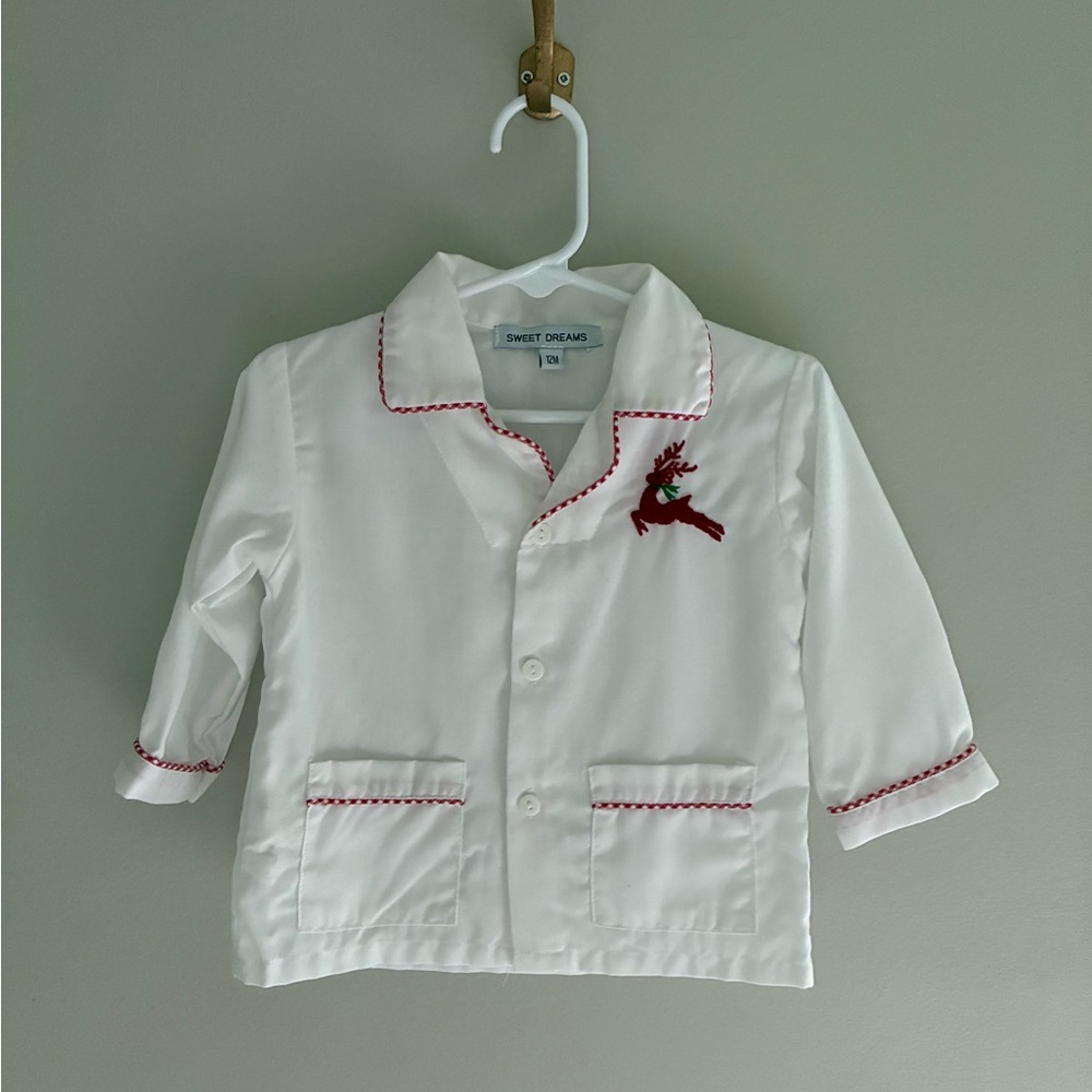 Sweet Dreams Christmas Reindeer Embroidered White‎ Pajama Top Size 12 Months
